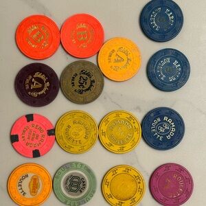 Casino roulette chips from the 1980’s. Several casinos represented here